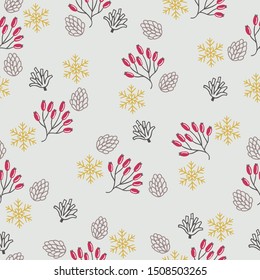 Christmas seamless pattern with berry, cones and snowflakes on grey background. Perfect for greeting cards, wallpaper, gift paper, winter decorations