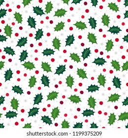Christmas seamless pattern with berry, holly, snowflakes on white background. Perfect for holiday invitations, winter greeting cards, wallpaper and gift paper 