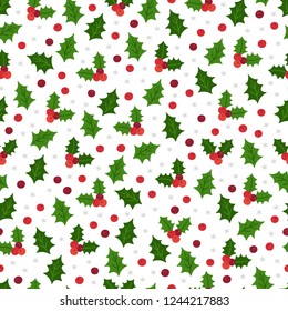 Christmas seamless pattern with berry, holly and snowflakes on white background. Perfect for holiday invitations, wrapping paper, greeting cards.