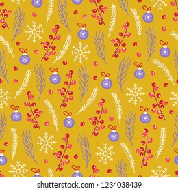 Christmas seamless pattern with berry, snowflakes, fir branches, balls on gold background. Perfect for holiday invitations, winter greeting cards, wallpaper and gift paper 