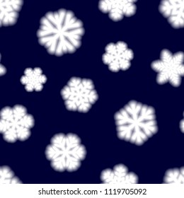 Christmas seamless pattern of big blurry snowflakes, white on dark blue background