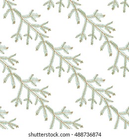 Christmas seamless pattern with big fir twig. Beautiful vector background for decoration xmas designs. Cute minimalistic art elements on white backdrop.