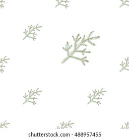 Christmas seamless pattern with big fir twig. Beautiful vector background for decoration xmas designs. Cute minimalistic art elements on white backdrop.