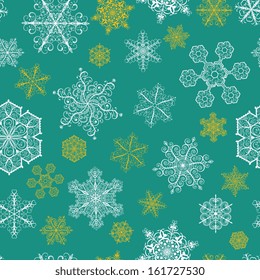 Christmas seamless pattern with big and small snowflakes on green background