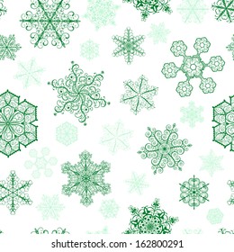 Christmas seamless pattern with big and small green snowflakes on white background