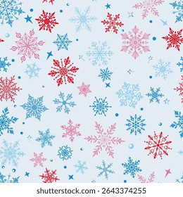 Navidades sin patrón con grandes y Pequeños copos de nieve en varios diseños, de color sobre fondo blanco.