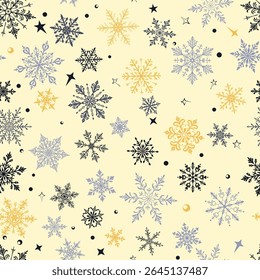 Natal padrão sem costura com flocos de neve grandes e pequenos em vários desenhos, cinza e marrom no fundo bege.