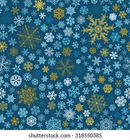 Christmas seamless pattern of big and small snowflakes, multicolored on blue