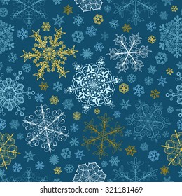 Christmas seamless pattern of big and small snowflakes, multicolored on blue