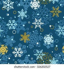 Christmas seamless pattern of big and small snowflakes, multicolored on blue