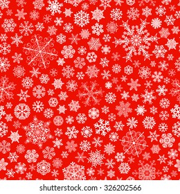 Christmas seamless pattern of big and small snowflakes, white on red