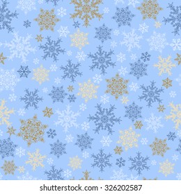 Christmas seamless pattern of big and small snowflakes, multicolored on light blue