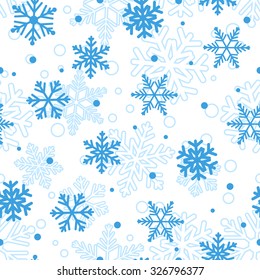 Christmas seamless pattern of big and small snowflakes, blue  on white
