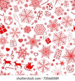 Christmas seamless pattern of big and small snowflakes and various Xmas symbols, red on white