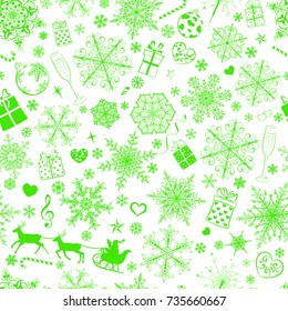 Christmas seamless pattern of big and small snowflakes and various Xmas symbols, green on white