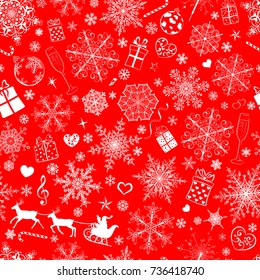 Navidad, patrón transparente de copos de nieve grandes y pequeños y varios símbolos de Navidad, blanco sobre rojo