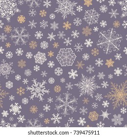 Christmas seamless pattern of big and small snowflakes, white on light purple