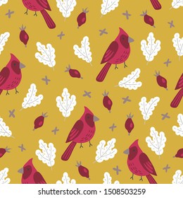 Christmas seamless pattern with bird, briar and fir branch on gold background. Perfect for greeting cards, wallpaper, gift paper, winter decorations