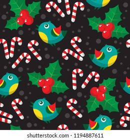 Christmas seamless pattern with bird and candy cane. Flat design. Design element for gift wrap or fabric.