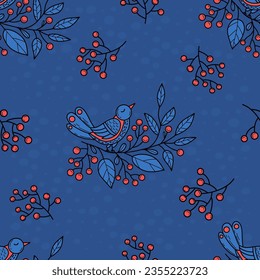 Christmas seamless pattern. bird on branch with Christmas berries on blue background. Vector illustration. Xmas folk repetitive design in style colored linear hand drawing