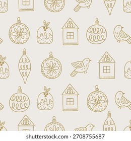 Navidades sin patrón con pájaros, bolas, chucherías, casas, pasteles sobre fondo blanco. Perfecto para el Fondo de pantalla, papel de regalo, tarjetas de felicitación de invierno. Ilustración dibujada a mano de contorno de Vector