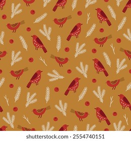 Christmas seamless pattern with birds, berries and fir branches on gold background. Perfect for wallpaper, gift paper, winter greeting cards. Vector illustration