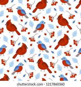 Christmas seamless pattern with birds, leaves and rowan berries on white background. Perfect for holiday invitations, wrapping paper, greeting cards.