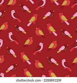 Patrón de Navidad sin costuras con pájaros de fondo rojo oscuro. Perfecto para la tarjeta de saludo de invierno, decoración de Año Nuevo, papel pintado, papel envolvente, tela. Ilustración del vector