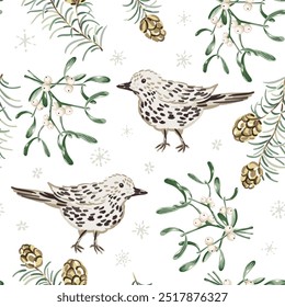 Christmas seamless pattern, birds, pine twigs, cones, mistletoe, snowflakes, white background. Vector illustration. Nature design. Season greeting. Winter holidays