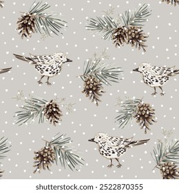 Christmas seamless pattern, birds, pine twigs, cones, snow, beige background. Vector illustration. Nature design. Season greeting. Winter holidays