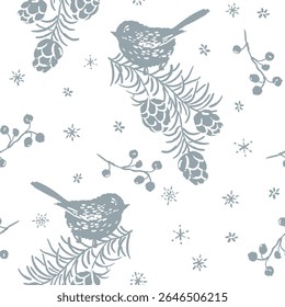 Christmas seamless pattern, birds, pine twigs,  cones silhouettes, snow, white background. Vector illustration. Nature design. Season greeting. Winter Xmas holidays
