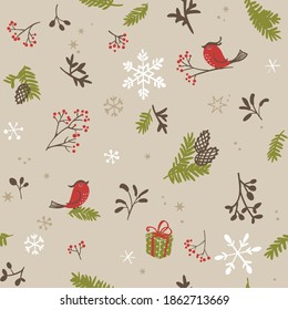 Christmas seamless pattern with birds, snoflakes, cones and winter berries.
