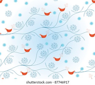 Christmas seamless pattern with birds and snow