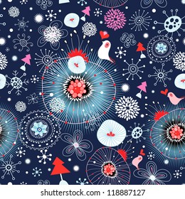 Christmas seamless pattern with birds and snowflakes