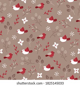 Christmas seamless pattern with birds, snowflakes, cones, berries, flowers on brown background. Perfect for winter holidays, New Year, Xmas greeting cards. Vector illustration