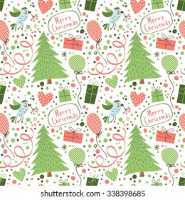 Christmas seamless pattern with birds, tree, gifts, streamers and confetti.
