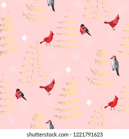 Christmas  Seamless Pattern with Birds, Christmas Trees and Snowflakes. Hand drawn sketches. Vector Illustration