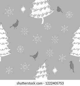 Christmas  Seamless Pattern with Birds, Christmas Trees and Snowflakes. Hand drawn sketches. Vector Illustration
