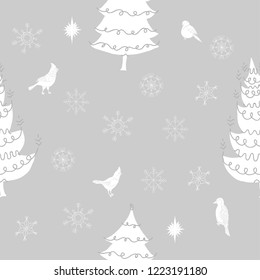 Christmas  Seamless Pattern with Birds, Christmas Trees and Snowflakes. Hand drawn sketches. Vector Illustration