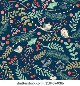 Navidades sin patrón con pájaros, ramitas, hojas de acebo y bayas para tarjetas de felicitación, papel de regalo. Ilustración vectorial.
