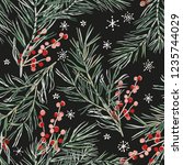 Christmas seamless pattern, black background. Green pine twigs, red berries, snowflakes. Vector illustration. Nature design. Season greeting digital paper. Winter Xmas holidays
