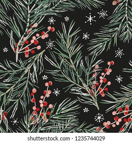 Christmas seamless pattern, black background. Green pine twigs, red berries, snowflakes. Vector illustration. Nature design. Season greeting digital paper. Winter Xmas holidays