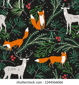 Christmas seamless pattern, black background. Forest deer, fox animals, green pine twigs, red berries, snow. Vector illustration. Nature design. Season greeting. Winter Xmas woodland holidays