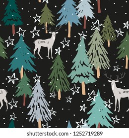 Christmas seamless pattern, black background. Forest deer, green fir, spruce trees, snow, stars. Vector illustration. Nature design. Season greeting digital paper. Winter Xmas holidays. Cute animals