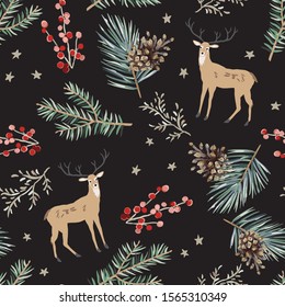 Christmas seamless pattern, black background. Forest cute deer animals, green fir, pine twigs, cones, berries, stars. Vector illustration. Nature design. Season greeting. Winter Xmas holidays