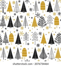 Patrón de Navidad sin fisuras con árboles negros y dorados, copos de nieve. Ilustración vectorial dibujada a mano. Fondo de Navidad con decorativos árboles de Navidad.
