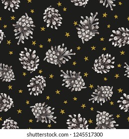 Christmas seamless pattern, black night whith stars background. Pine cones. Vector illustration. Nature forest design. Season greeting digital paper. Winter Xmas holidays
