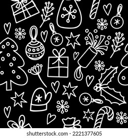 Christmas seamless pattern, black on a white background, the elements are hand-drawn in the style of doodle. Gifts, snowflakes, Christmas decorations