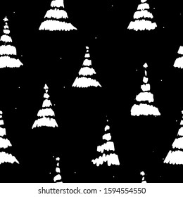 Christmas seamless pattern with black and white doodle fir trees. Hand drawn elements. 