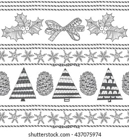 Christmas seamless pattern. Black and white festive vector illustration.